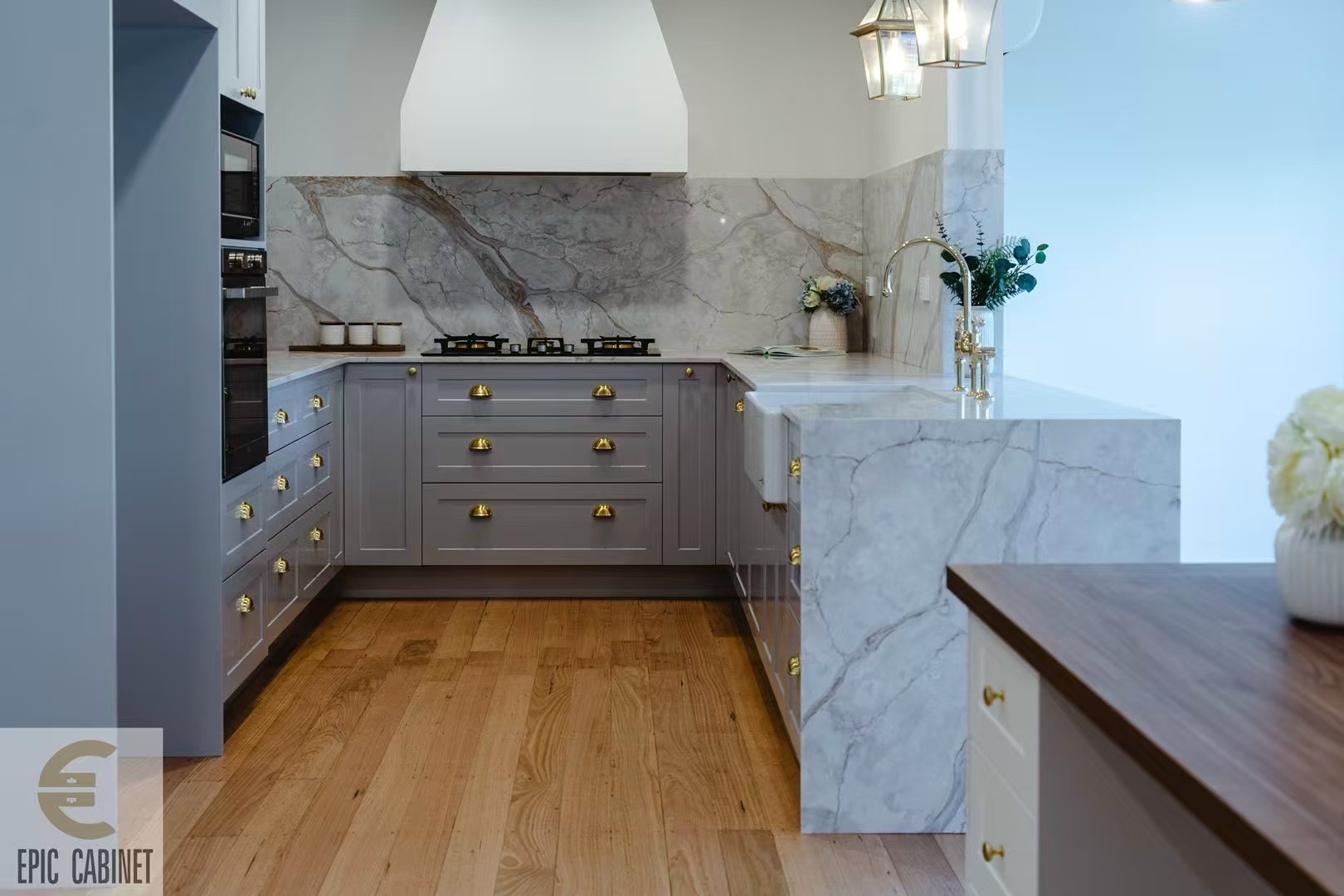Custom grey kitchen cabinetry with stone benchtops Forest Hill Melbourne