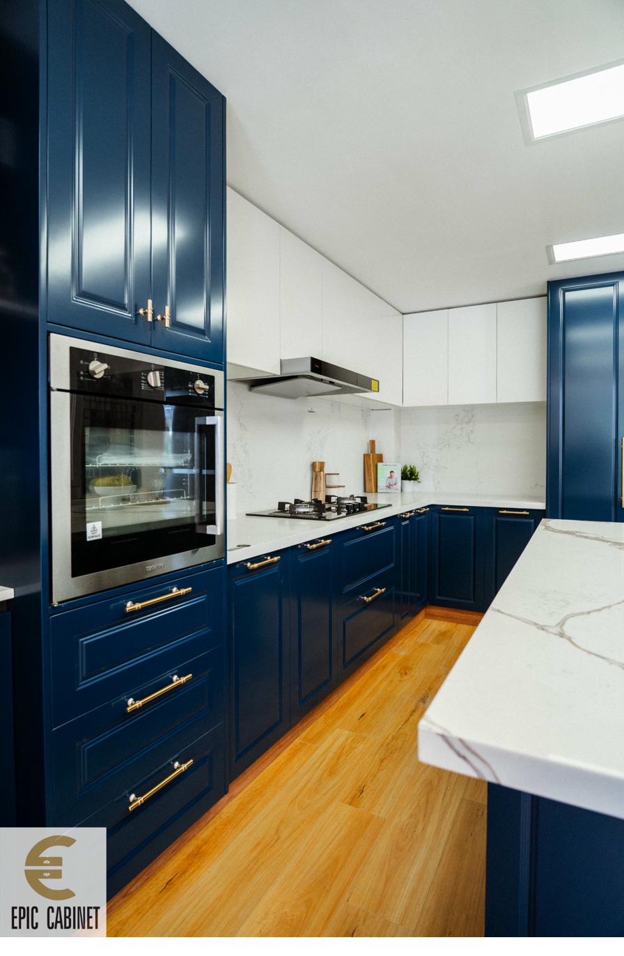 Knoxfield kitchen — gold hardware and stone benchtop